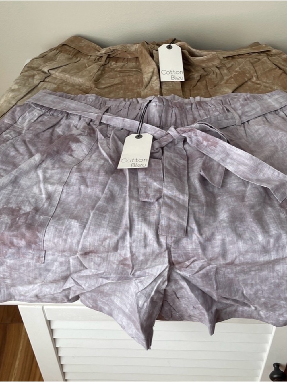 NWT.  Cotton Bleu Women's Tie-Waist Shorts in Lavender and Taupe.